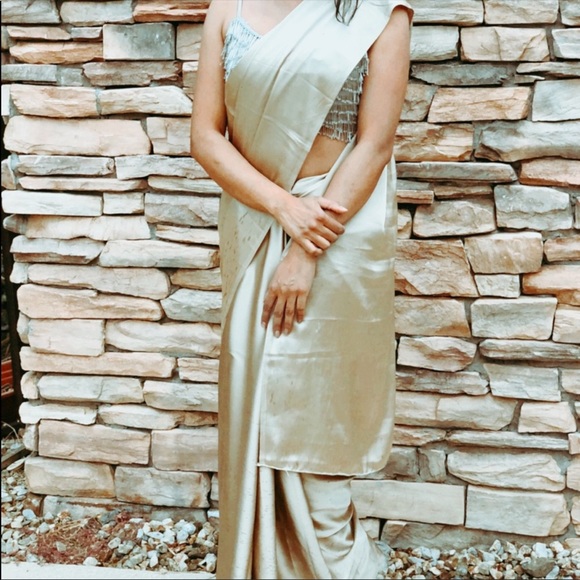 Tops - golden satin silk saree